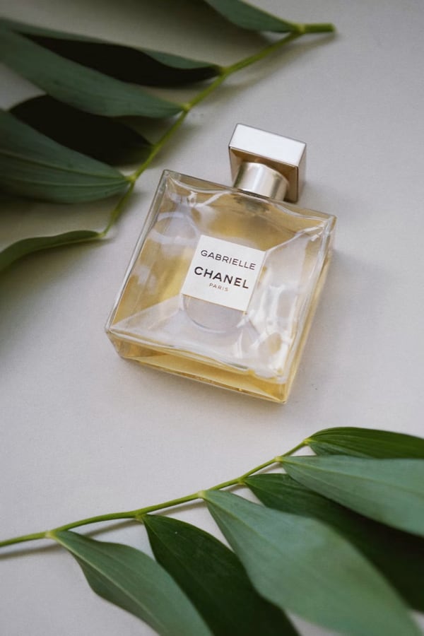 A picture of Gabrielle Essence perfume with leaves on either side